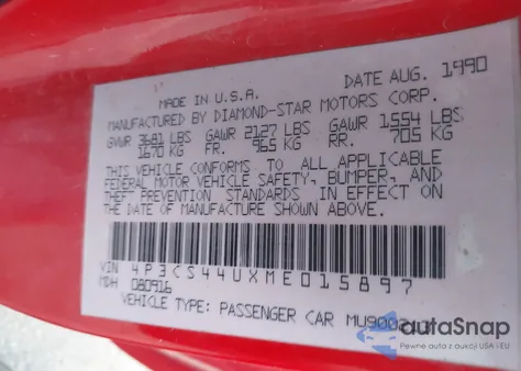 1991 Plymouth Laser Rs z USA, uszkodzony, nr VIN 4P3CS44UXME015897